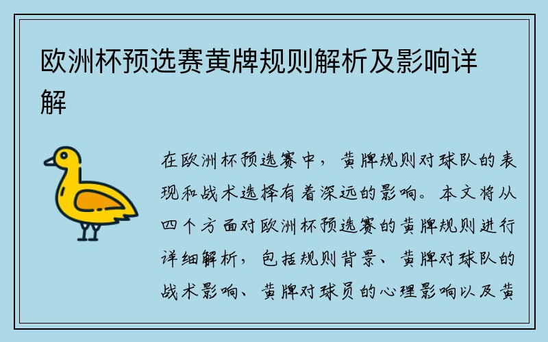 欧洲杯预选赛黄牌规则解析及影响详解