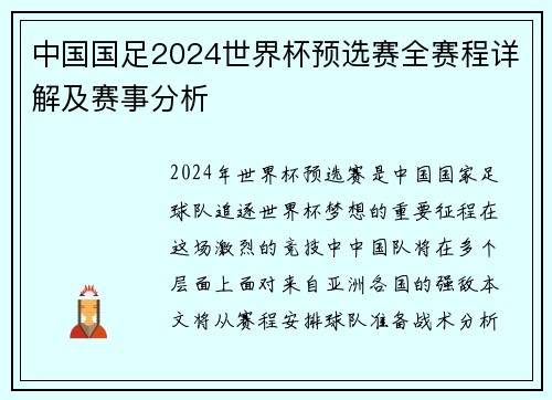 中国国足2024世界杯预选赛全赛程详解及赛事分析