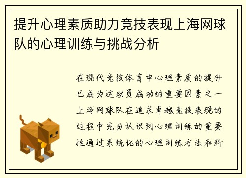 提升心理素质助力竞技表现上海网球队的心理训练与挑战分析